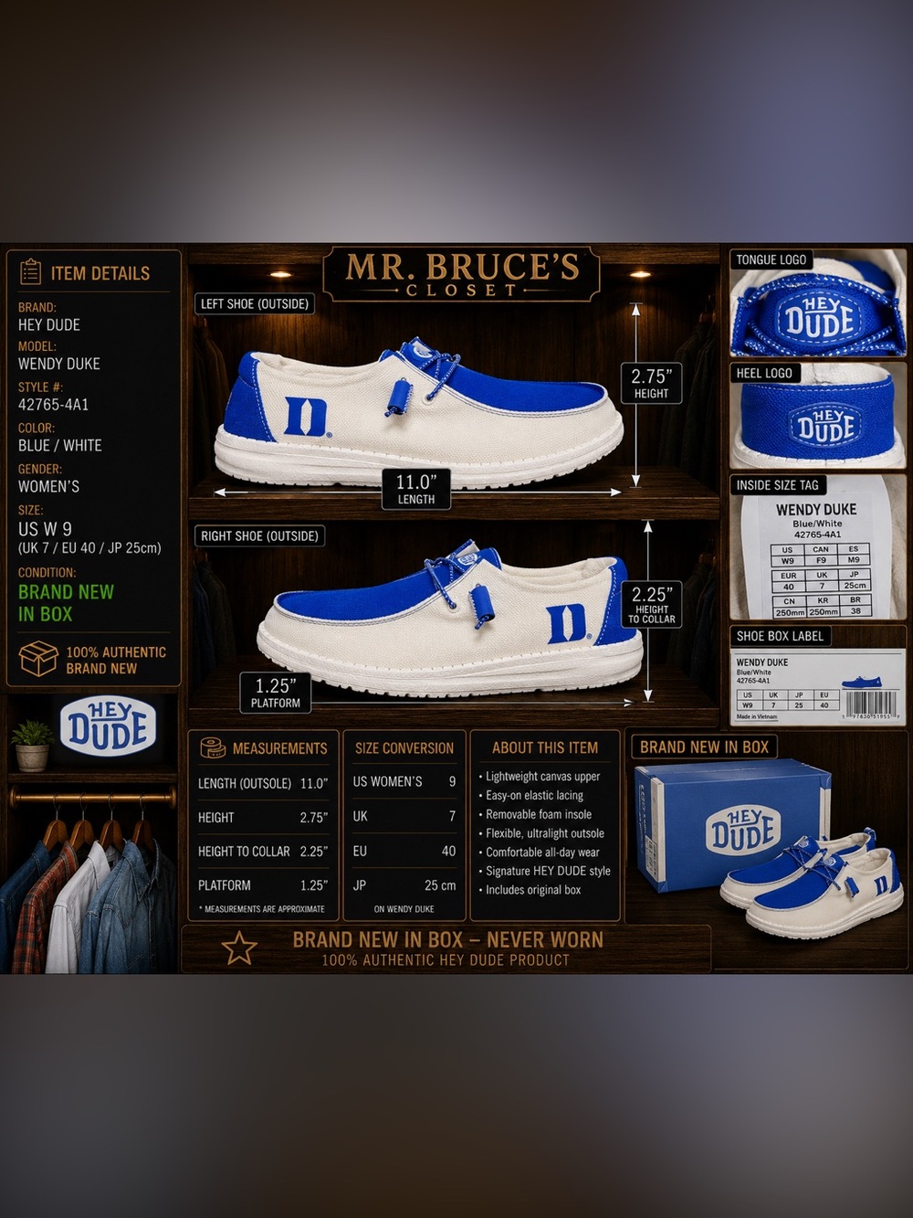 Hey Dude Wendy Duke Women’s 9 Blue White Duke University Canvas Shoes New